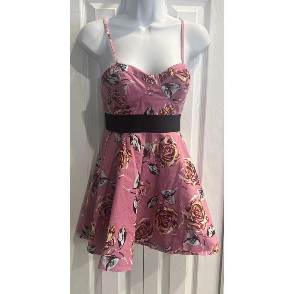 Vintage Y2K Twentyone Pink Floral Flare Mini Dress Size S Boho Cami Rockabilly